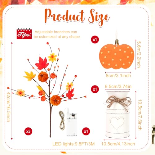 Thanksgiving Centerpieces for Tables Fall Table Decor 5 Pcs Artificial Pumpkins Maple Leaf Stems with Vase, String Lights and Wooden Sign Flowers Arrangements for Autumn Harvest Farmhouse Home Decor - color: Fall Decor