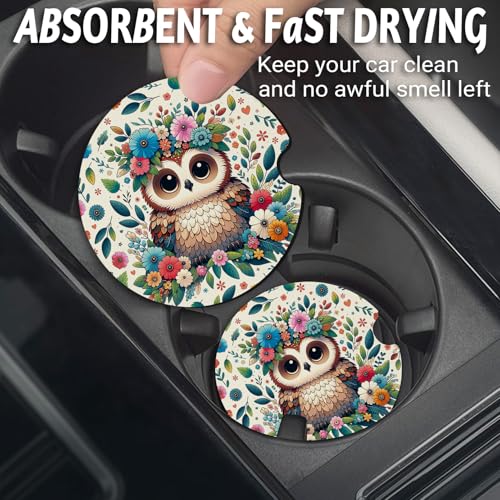 Yonlevres Car Coasters for Cup Holders, Flower Owl, 2.75", 2 Pack - color: Flower Owl
