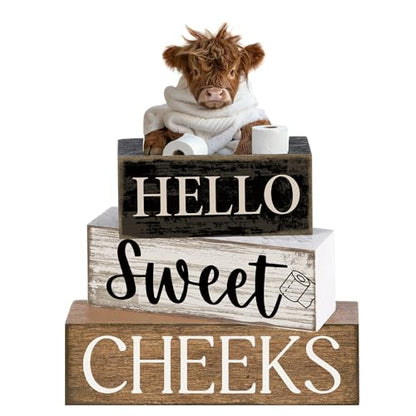 Moucuny 4 Pcs Highland Cow Bathroom Decor Wooden Signs, Farmhouse - style: Bathroom Highland Cow