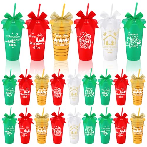 24 Set Christian Cups Gift Bulk Christmas Cups with Lid Straw Bow 24oz