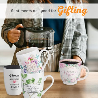 Christian Art Gifts Coffee Mug for Women and Men "Faith Hope Love" - 1 Corinthians 13:13 Lead-free and Non-Toxic White Ceramic Mug with Pastel Floral Inspirational Coffee Cup, 12oz