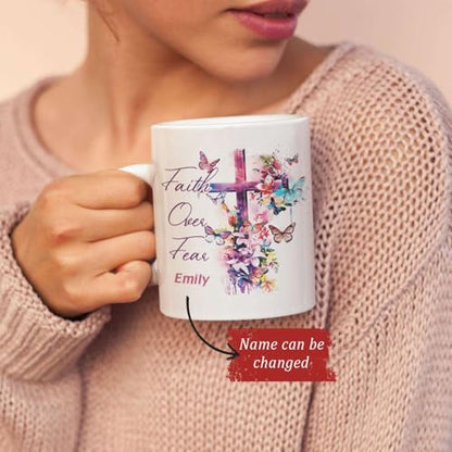 Custom Christian Faith Ceramic Cup, Floral Cross And Butterfly Design Mug, Personalized Name Motivational Cup, Christian Bible Verse Mug Gifts, Customized Christian Coffee Cup 11oz 15oz - color: HOA-624-2157-FAITH OVER FEAR MUG