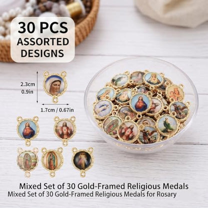 30pcs Mixed Catholic Saint Medal Charms, Gold Plated Religious Jesus Virgin Mary Angel Pendant Connectors, DIY Rosary Bracelet Necklace Jewelry Making Supplies