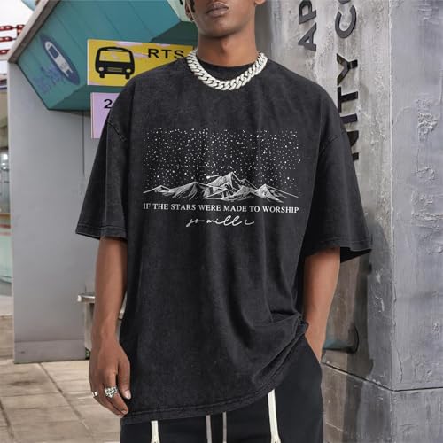 Christian Faith God Shirts for Men Jesus Bible Verse Shirt Oversized Acid Wash Tshirts Star Mountain Graphic Tees - color: Black, size: X-Large