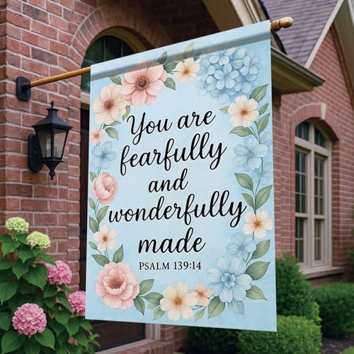 Christian House Flag 28x40 Inch You Are Fearfully And Wonderfully Made Garden Flag Psalm 139:14 Double Sided Floral Wreath Yard Banner Outdoor Porch ration USA Home Garden Church - color: Garden Flag