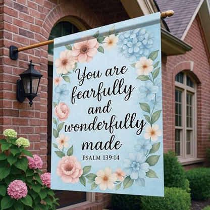 Christian House Flag 28x40 Inch You Are Fearfully And Wonderfully Made Garden Flag Psalm 139:14 Double Sided Floral Wreath Yard Banner Outdoor Porch ration USA Home Garden Church - color: Garden Flag
