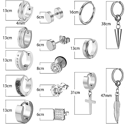 Men's Earrings, 15 Pairs Hoop, Surgical Stainless Steel, Black Cross Dangle Hoop Earrings Set