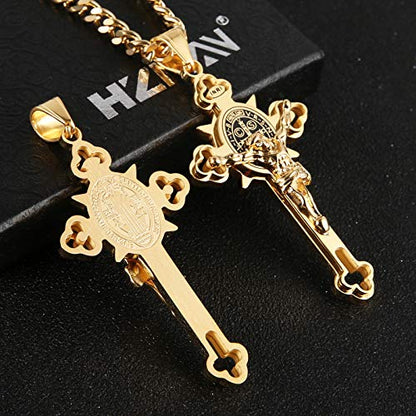 HZMAN Stainless Steel St. Benedict Crucifix Cross Necklace for Men - color: Large Gold
