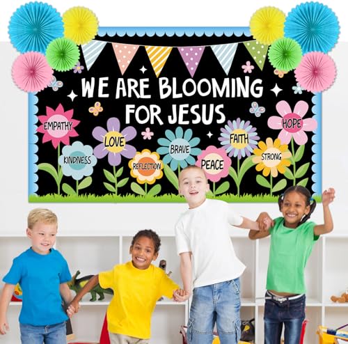 Christian Religious Bulletin Board Set Summer Floral Sunday School Classroom Decoration Positive Paper Fans 3D DIY We are Blooming for Jesus Cutouts for Church VBS Chalkboard Wall Prayer Board Decor - style: We are Blooming for Jesus