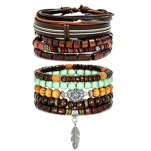 Punk Braided Leather Bracelets for Men Women Tribal Wrap Wristband - color: Brown Feather