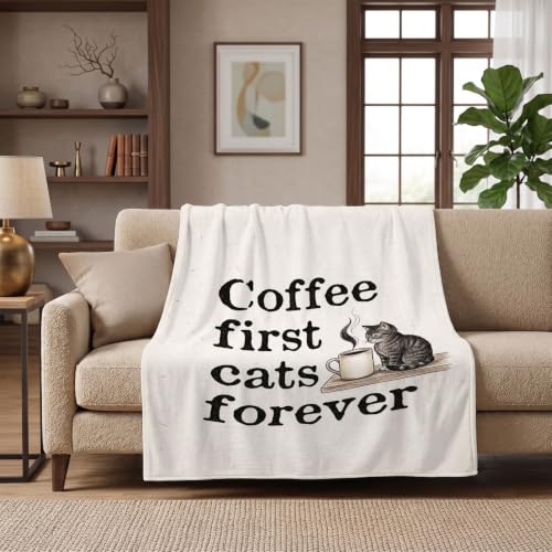 Cat and Coffee Throw Blanket – "Coffee First Cats Forever" Cat Lover Gifts - color: Tk010, size: 60"x50"