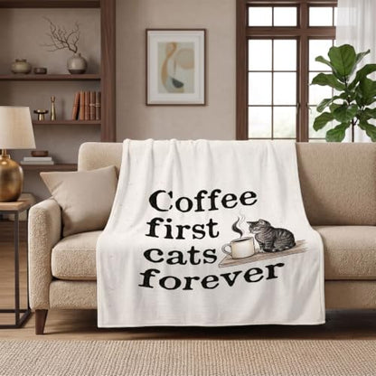 Cat and Coffee Throw Blanket – "Coffee First Cats Forever" Cat Lover Gifts - color: Tk010, size: 80"x60"