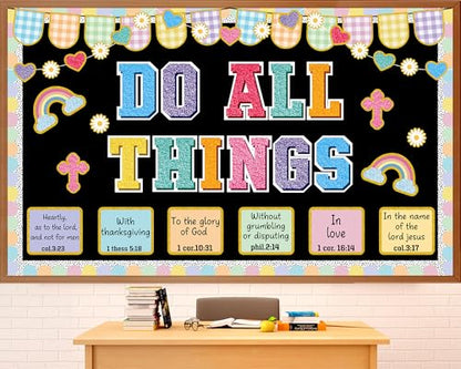 Christian Bulletin Board Decorations Jesus DO All Thing Classroom Bulletin Board Set Religious Motivational Paper Cutouts for Halloween Trunk or Treat Car Decor School Office Wall Decor Supplies - style: Jesus DO All Thing