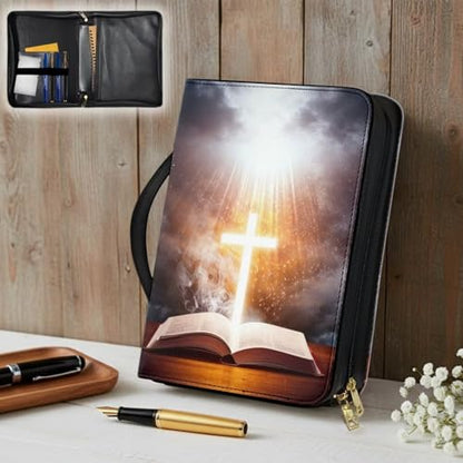 Leather Bible Cover for Girls and Women, Book Case Church Bible Protective with Handle and Zippered Pocket,Bible and Cross,Small - color: Bible and Cross, size: Small