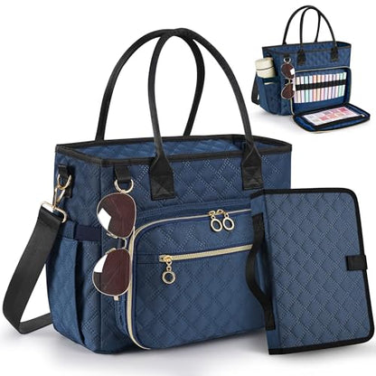 Large Bible Bag with Bible Cover Case for Women Quilted Church Tote Bags for Bible Study, Adjustable Shoulder Strap - color: Blue