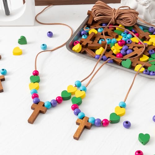 BeYumi Religious Cross Necklace Craft - 24Pcs Christian Wooden Cross Beads Necklace Craft Kit for Kids DIY Jewelry Gift Jesus Heart Decor VBS Week Sunday School Church Classroom Party Fun Activities - style: Easter