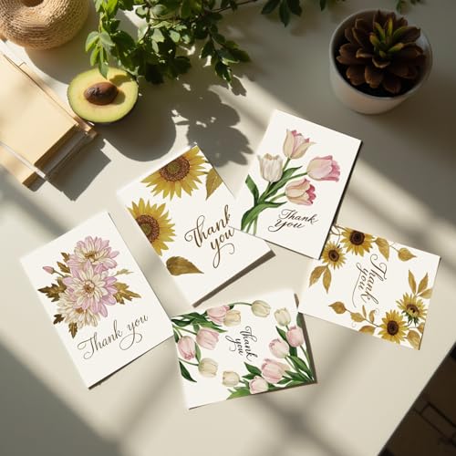 Thank You Cards with Envelopes - 24 Pack 6 Floral Designs Thank You Notes with Envelopes Set, Small Blank Thank You Cards (3.5x5in) for Weddings, Baby Showers & Business