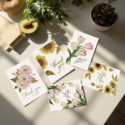 Thank You Cards with Envelopes - 24 Pack 6 Floral Designs Thank You Notes with Envelopes Set, Small Blank Thank You Cards (3.5x5in) for Weddings, Baby Showers & Business