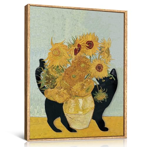 LHIUEM Framed Van Gogh Sunflower Wall Art 12”x16”Funny Black Cat Oil Painting Sunflowers in Vase Canvas Artwork Van Gogh Art Bohemian Wall Decoration Vintage Sunflower Kitty Art Print for Home Bedroom - color: colorful