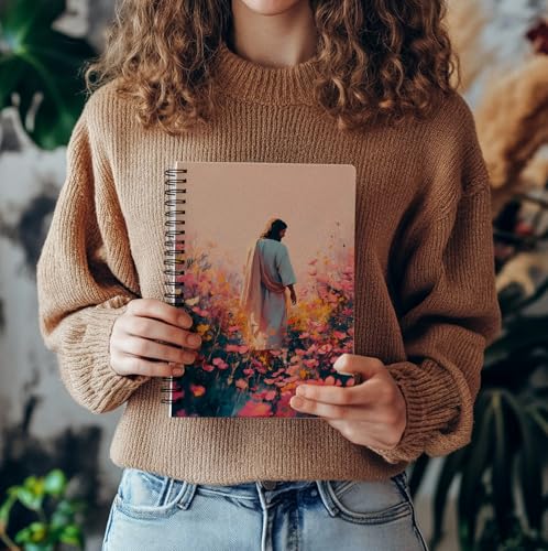 bitCNY Inspirational Jesus Notebook 8.3x5.5 Inch – Jesus in Flower Garden Spiral Journal, Pastel Christian Notebook with Lined Pages for Prayer & Study - color: white-Jesus in Flower Garden