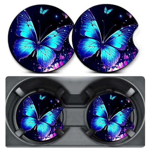 2 Pack Blue Butterfly Car Coasters for Cup Holders,Neoprene Anti Slip Mat - color: Butterfly - Blue