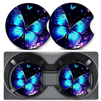 2 Pack Blue Butterfly Car Coasters for Cup Holders,Neoprene Anti Slip Mat - color: Butterfly - Blue