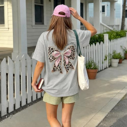 Leopard Bow Shirt Cheetah Bow Shirt Christian Shirts for Women Faith Bible Verse Shirts God Coquette Graphic Tees - color: Light Gray, size: Medium