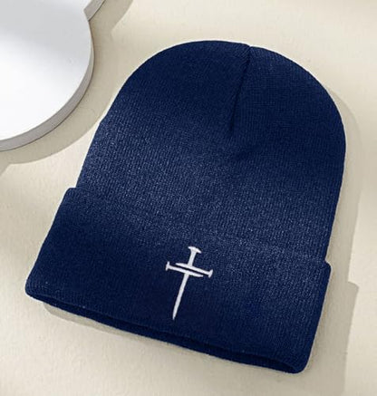 Christian Jesus Cross Beanie - Faith Winter Beanie Hats for Men Women - Religious Gifts for Christmas & New Years - color: Three Nails Cross/Navy Blue