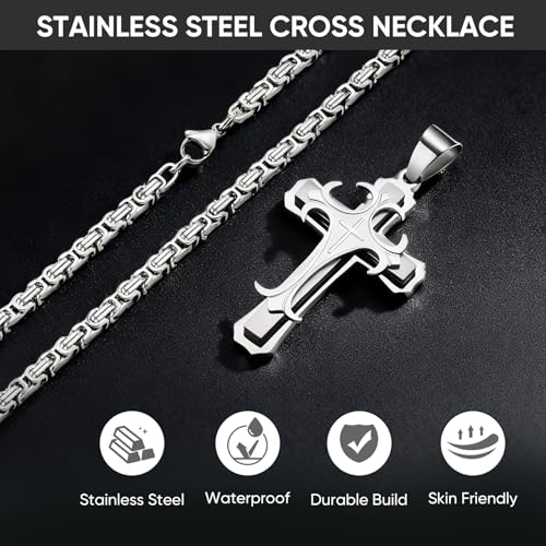 MEALGUET Stainless Steel Crucifix Cross Pendant Necklace,Men's Cross Necklace with Chunky Byzantine Chain/Rolo Chain, Gift for Men - style: Silver-byzantine chain