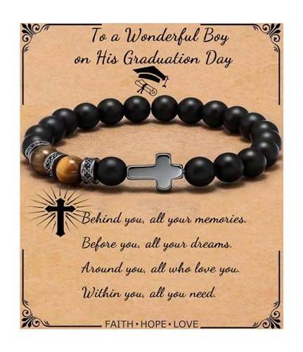 QWNHONEY Cross Bracelet for Men Son Brother Baptism Communion Birthday Anniversary Christmas Christian Black Tiger Eyes Bead - style: Graduation Gifts-Graduation gifts for him
