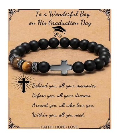 QWNHONEY Cross Bracelet for Men Son Brother Baptism Communion Birthday Anniversary Christmas Christian Black Tiger Eyes Bead - style: Graduation Gifts-Graduation gifts for him