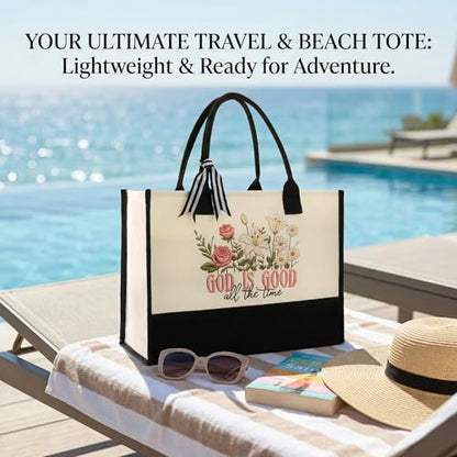 INSYOHO God Is Good All The Time Christian Tote Bag for Women - Large Canvas Bible Tote Bag with Makeup Pouch, Religious Gifts for Mom Friends Church Sunday Service & Bible Study Beach Birthday