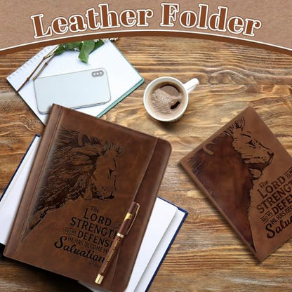 Fuyoooo 3 Pcs Lion Pastor Style Bible Verse Leather Portfolio Notebook Pens - style: Lion Pastor Style