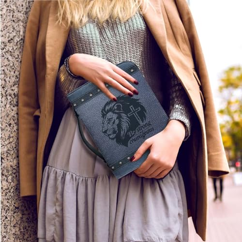 PU Leather Bible Cover Church Bible Bag with Bookmarks Book Covers Retro Strong Lion Cross Print Carrying Bible Case with Zippered Pockets for Prayer, M - color: Retr Strong Lion Cross, size: Medium