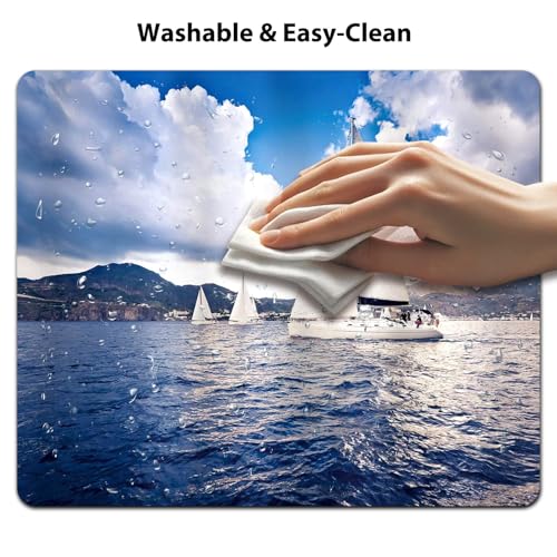 Nautical Sailing Boat and Sails on Sea Waves Cloudy Sky Adventure Photo Print Mouse Pad - color: Ocean Blue
