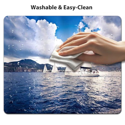 Nautical Sailing Boat and Sails on Sea Waves Cloudy Sky Adventure Photo Print Mouse Pad - color: Ocean Blue
