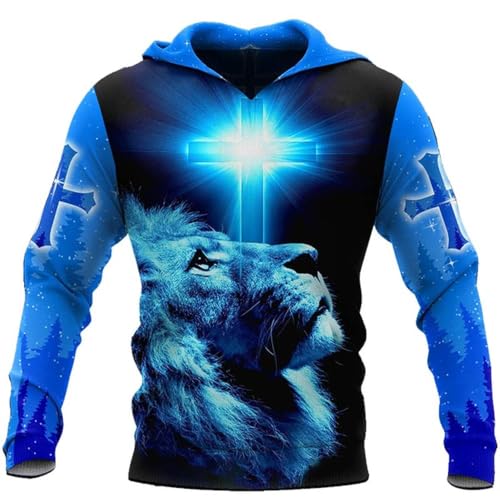 3D Christian Jesus Hoodies for Men Women Unisex Praying Hands Sweatshirt Pullover king Printed sweater - color: Lionblue, size: XX-Large