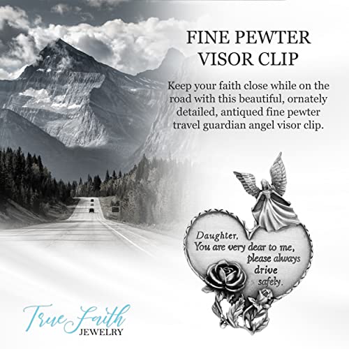 True Faith Jewelry Pewter Daughter Drive Safely Heart Car Guardian Angel Visor Clip, New Driver Gifts from Mom and Dad, Fine Pewter (92% Tin), 3-7/8 x 1-7/8 Inch - size: Daughter