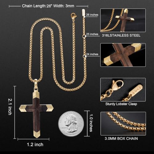 Wooden Cross Necklace for Men with Stainless Steel Adjustable Chain 24-26in, Christian Wood Crucifix Pendant Gift for Him - style: Gold Ebony