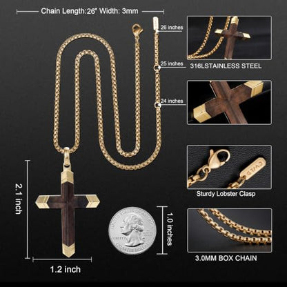 Wooden Cross Necklace for Men with Stainless Steel Adjustable Chain 24-26in, Christian Wood Crucifix Pendant Gift for Him - style: Gold Ebony