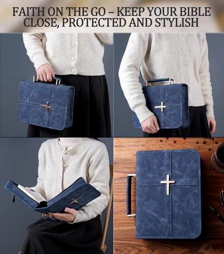 Vegan Leather Bible Cover Case, Bible Bag for Men Women, Gift Box Packaging - color: Indigo