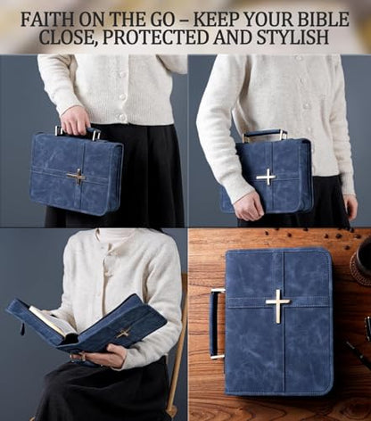 Vegan Leather Bible Cover Case, Bible Bag for Men Women, Gift Box Packaging - color: Indigo