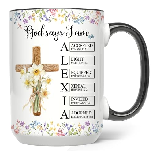 Personalized God Says I Am Mug - Custom Bible Verse Birth Flower Cup - Cross Christian Coffee Mug - Religious Gift for Women - color: GOD-IAM-M5