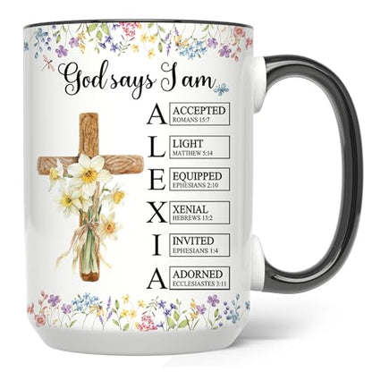 Personalized God Says I Am Mug - Custom Bible Verse Birth Flower Cup - Cross Christian Coffee Mug - Religious Gift for Women - color: GOD-IAM-M5