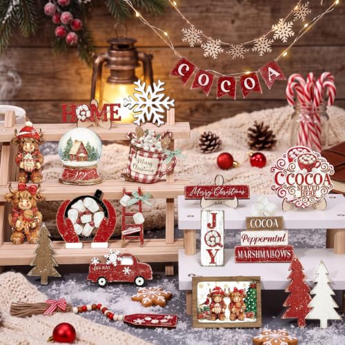 Vercraft Christmas Tiered Tray Decor Xmas Wooden Table Decor, Cow - style: Highland Cow