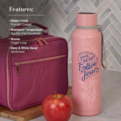 Christian Art Gifts Insulated Stainless Steel Follow Jesus Water Bottle for Women: Double-Wall Vacuum Sealed, Carry Loop, Leak-Proof Twist Cap, Pink Floral, 24 oz.