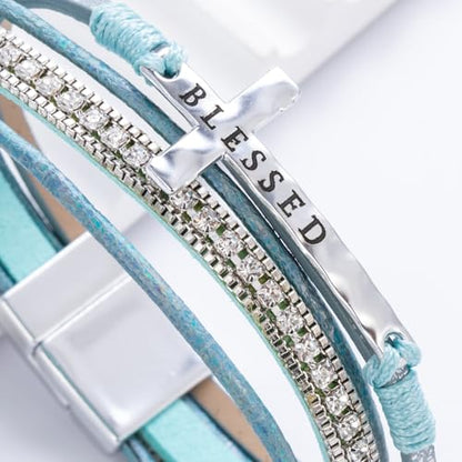 Christian Cross Leather Bracelets Boho Western Blessing Religious Jewelry - color: Teal