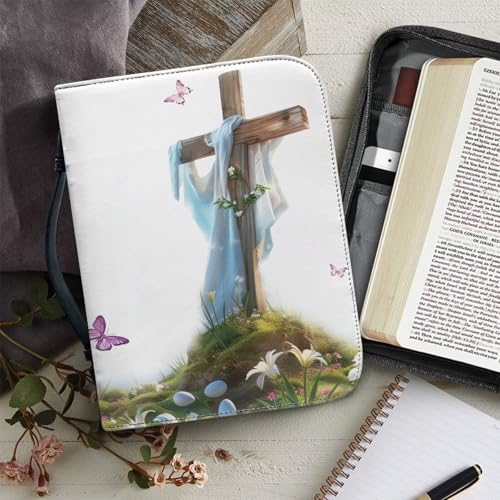 Cross & Butterfly Print PU Leather Bible Case for Women Girls Bible Carrying Case with Top Handle - color: Cross & Butterfly, size: 2X-Large