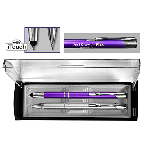 G.T. Luscombe, For I Know the Plans, Inspirational Adoration, Black Ink Ballpoint Pen with Cushioned Screen Tip & Mechanical Pencil, Acrylic Case Boxed 3-Piece Set, Silvertone & Violet - color: Violet