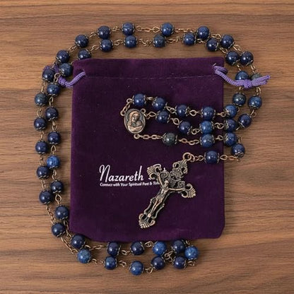 Nazareth Store Natural Stone Beads 8mm Rosary Necklace Antique Copper Design Holy Soil Medal & Cross in Velvet Bag - Catholic Rosaries Terra Santa Jerusalem Collection - color: Lapis Lazuli